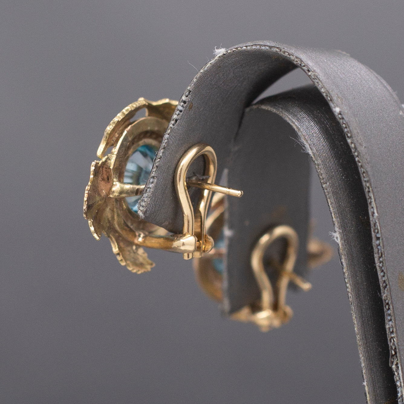 Exquisite Retro Blue Zircon Omega Back Earrings in 10k Yellow & Rose Gold