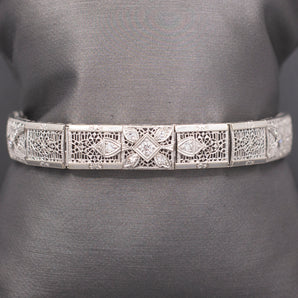 Art Deco Filigree Transitional Cut Diamond Bracelet in 14k White Gold