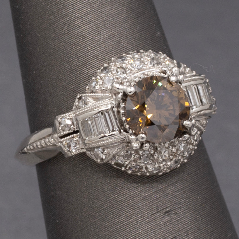 Exquisite Fancy Brown Diamond Art Deco Engagement Ring in Platinum