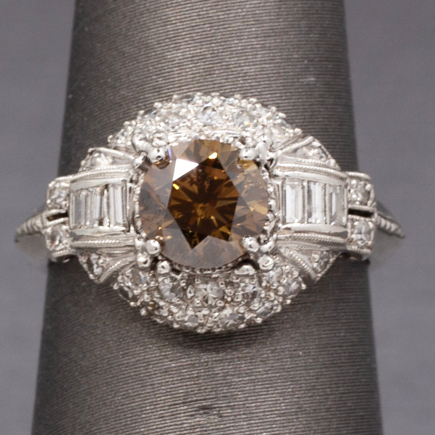 Exquisite Fancy Brown Diamond Art Deco Engagement Ring in Platinum