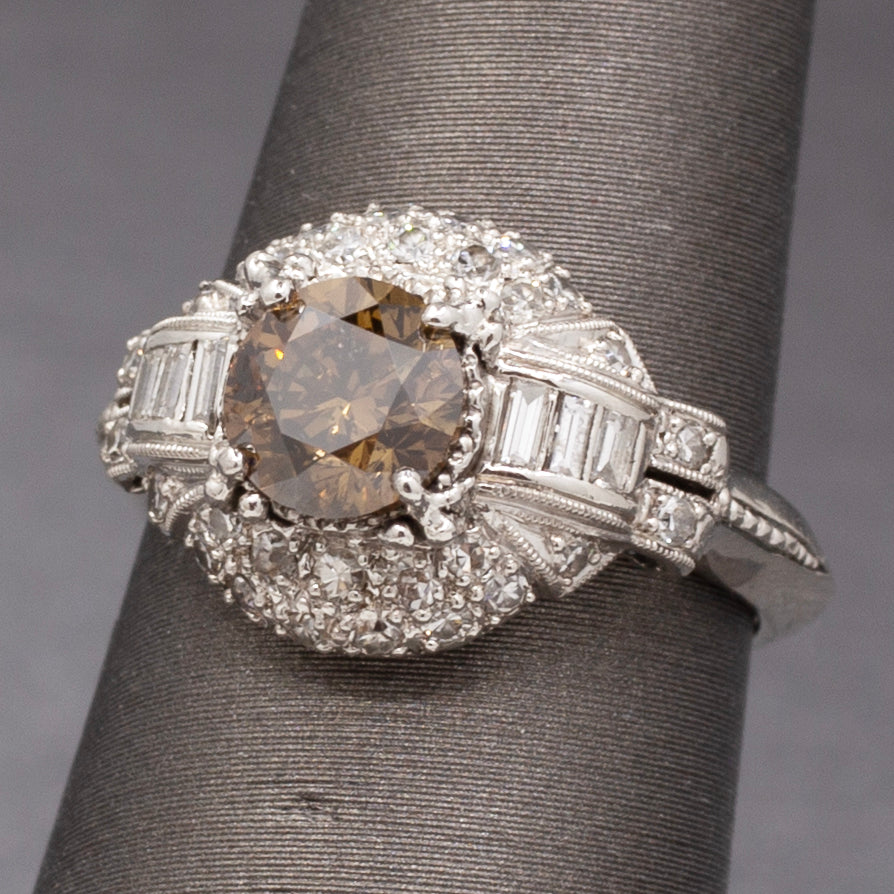 Exquisite Fancy Brown Diamond Art Deco Engagement Ring in Platinum