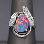 Electric Australian Black Opal Doublet and Diamond Ring in 14k White Gold