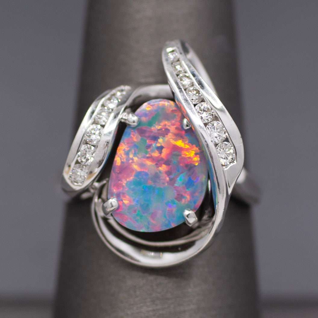 Electric Australian Black Opal Doublet and Diamond Ring in 14k White Gold