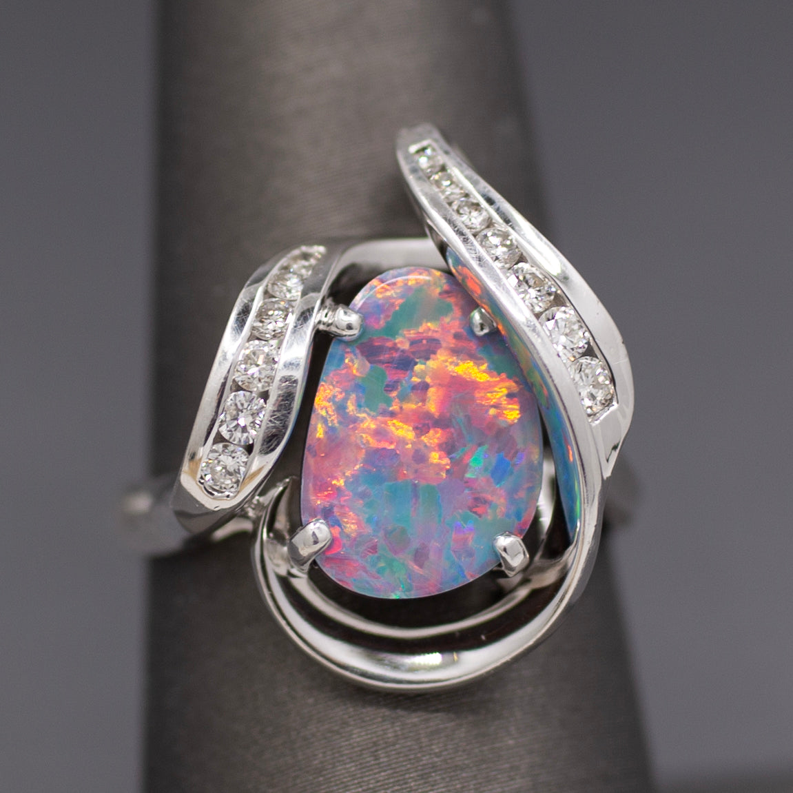 Electric Australian Black Opal Doublet and Diamond Ring in 14k White Gold