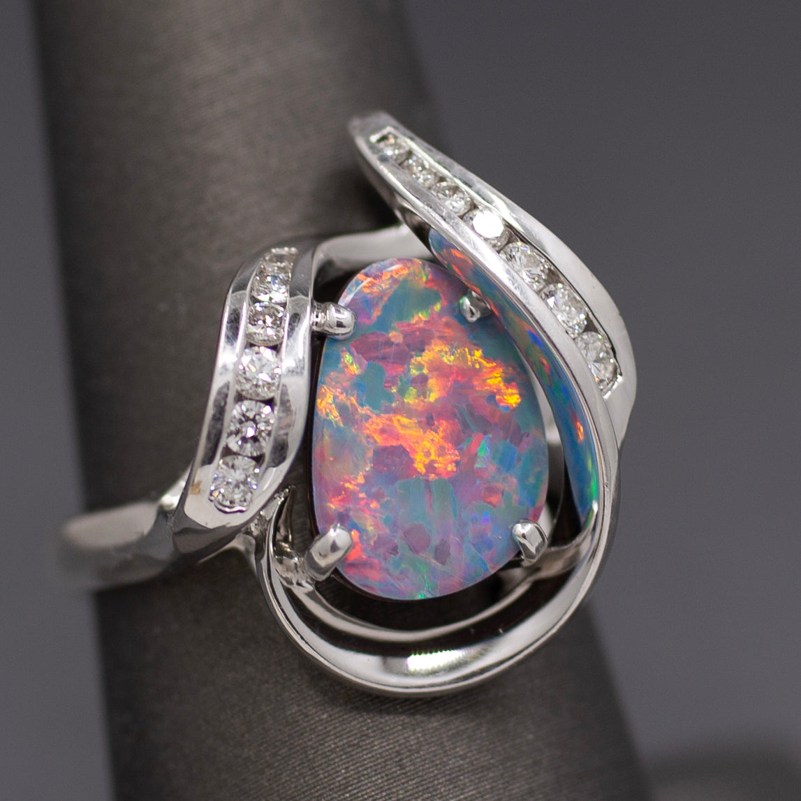 Electric Australian Black Opal Doublet and Diamond Ring in 14k White Gold