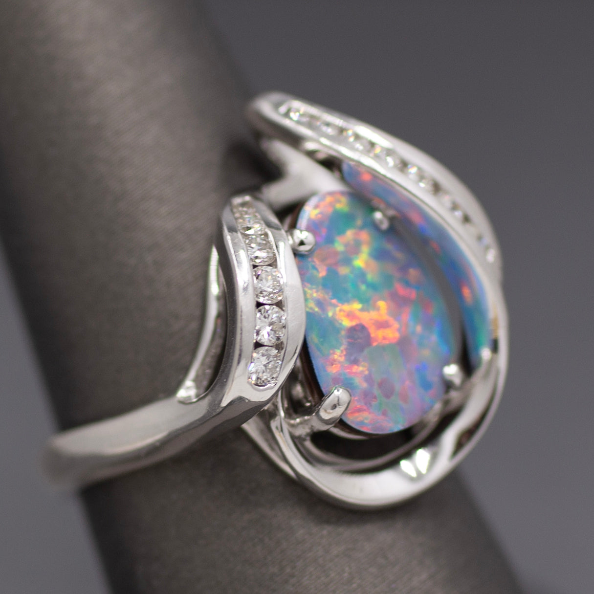 Electric Australian Black Opal Doublet and Diamond Ring in 14k White Gold