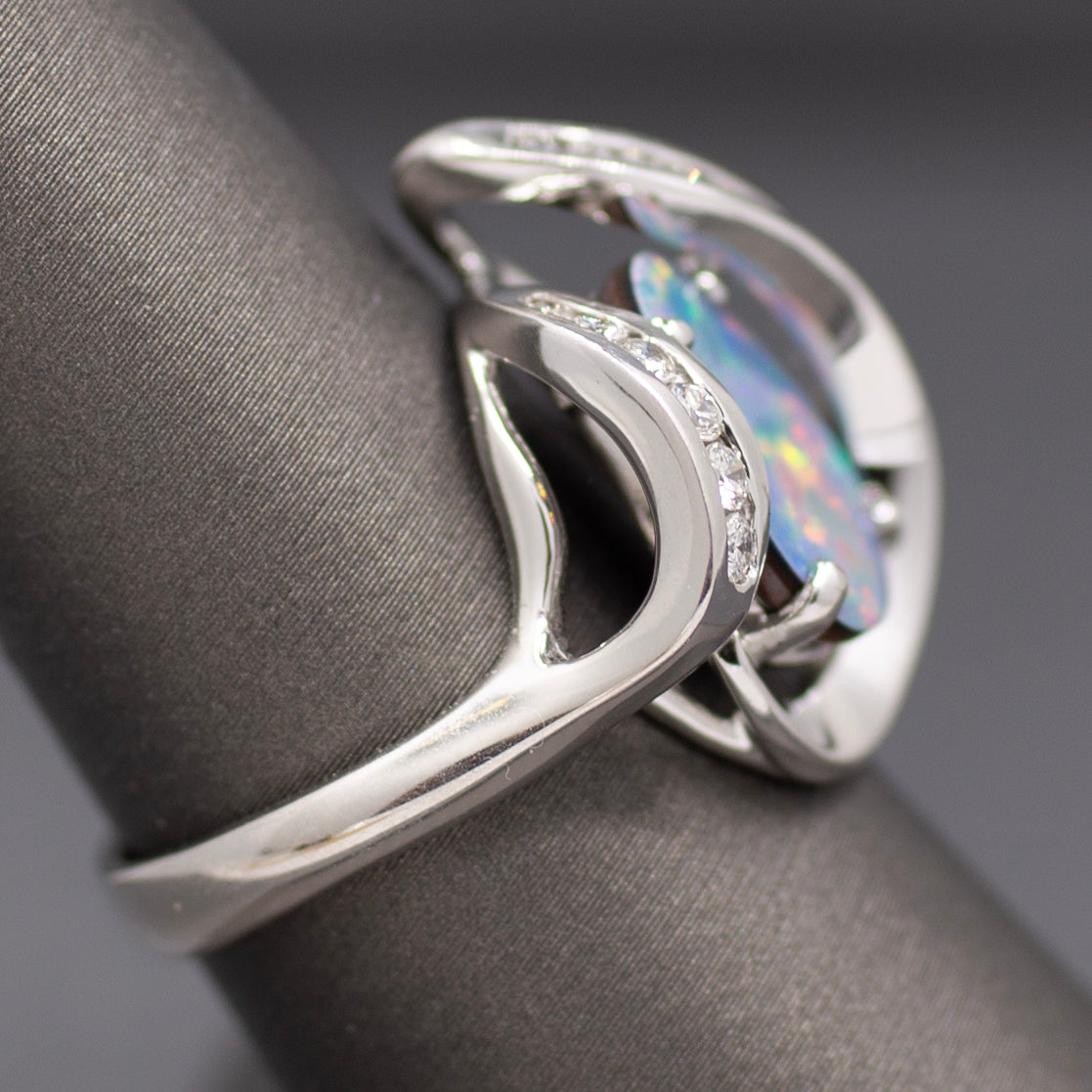 Electric Australian Black Opal Doublet and Diamond Ring in 14k White Gold