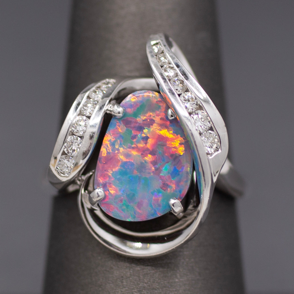 Electric Australian Black Opal Doublet and Diamond Ring in 14k White Gold