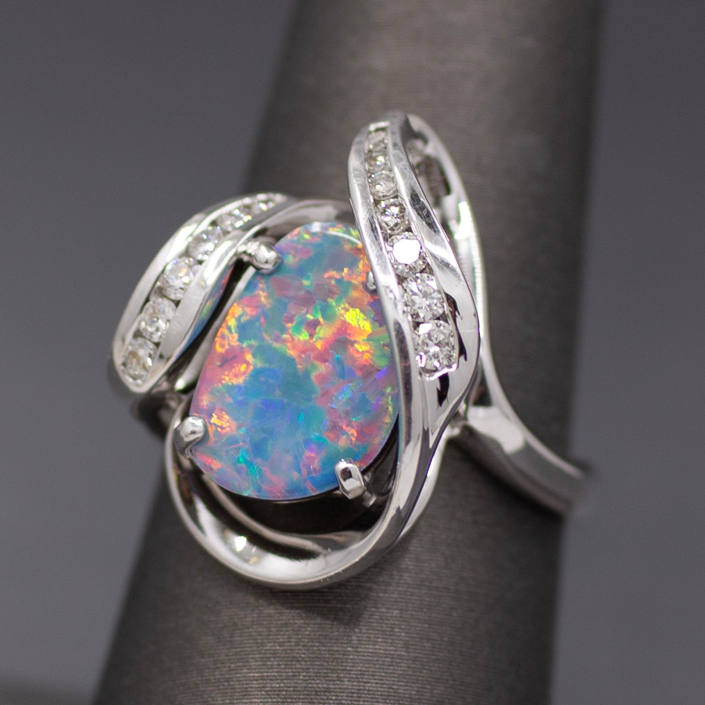Electric Australian Black Opal Doublet and Diamond Ring in 14k White Gold