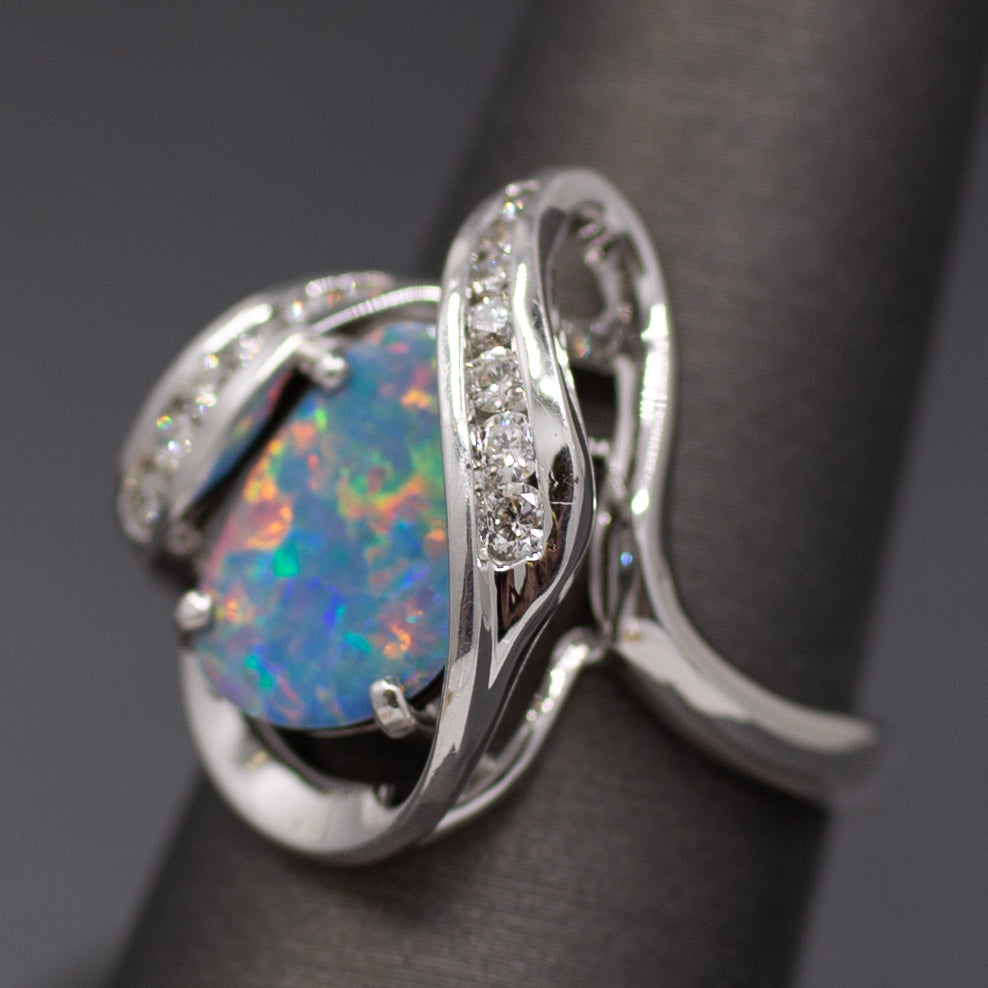 Electric Australian Black Opal Doublet and Diamond Ring in 14k White Gold