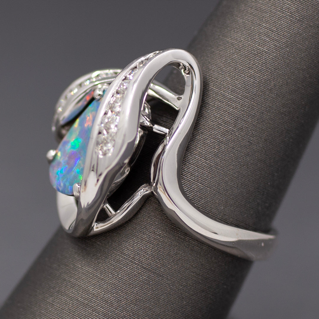 Electric Australian Black Opal Doublet and Diamond Ring in 14k White Gold
