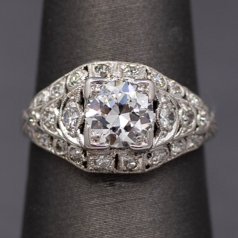 Late Art Deco Old European Cut Diamond Engagement Ring in Platinum