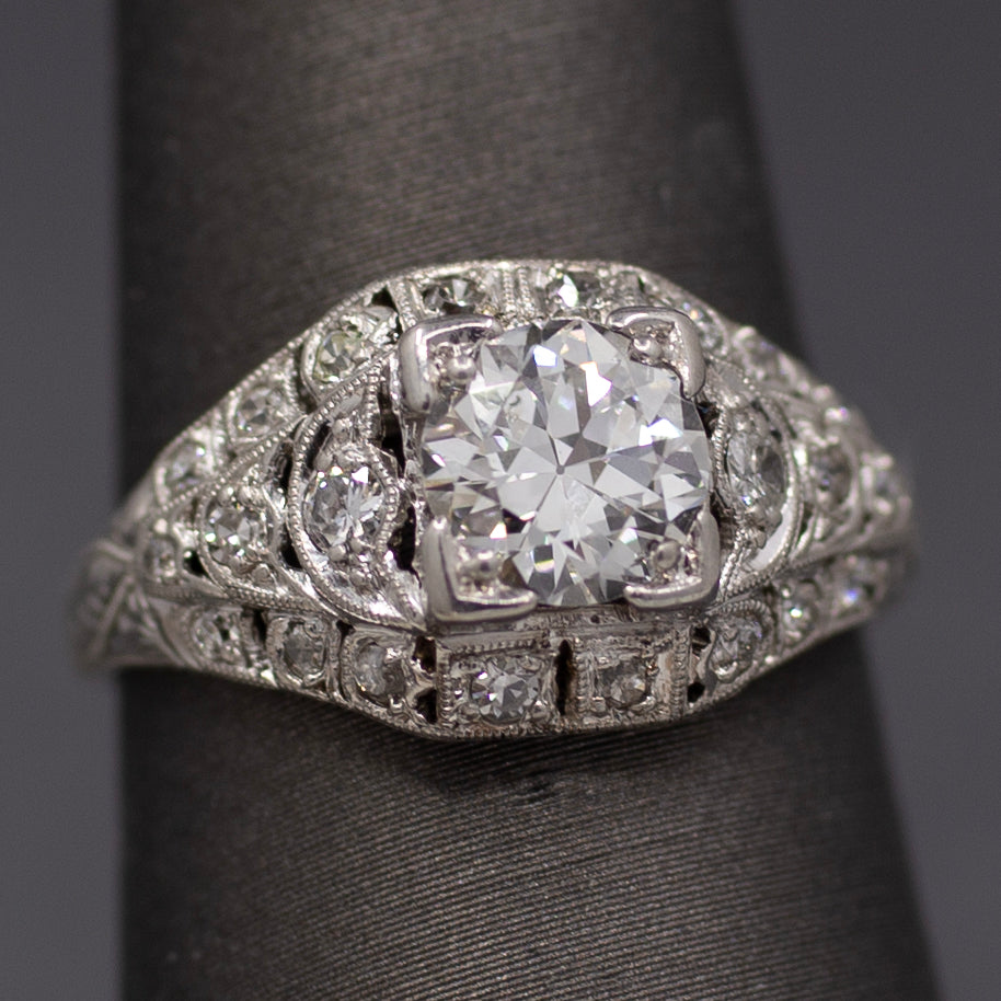 Late Art Deco Old European Cut Diamond Engagement Ring in Platinum