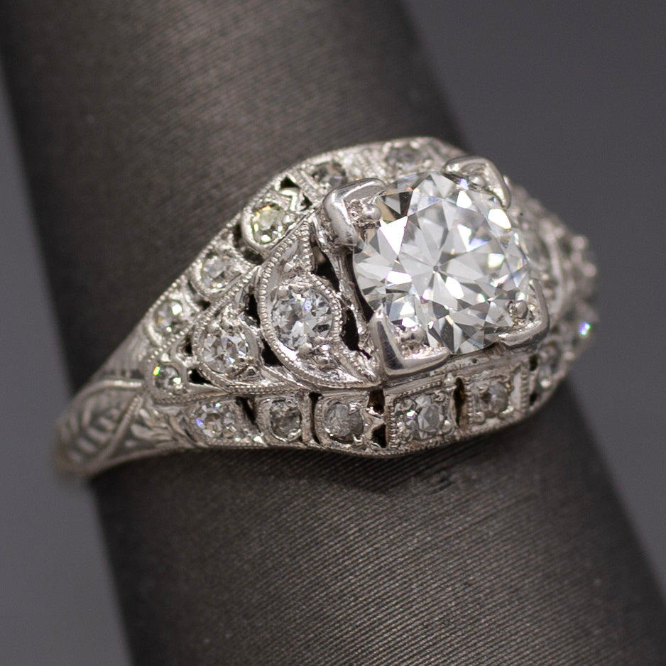 Late Art Deco Old European Cut Diamond Engagement Ring in Platinum