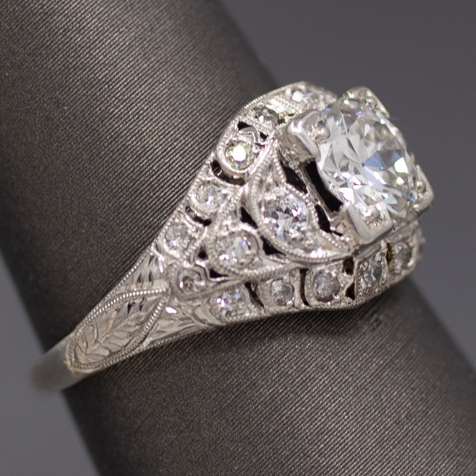 Late Art Deco Old European Cut Diamond Engagement Ring in Platinum