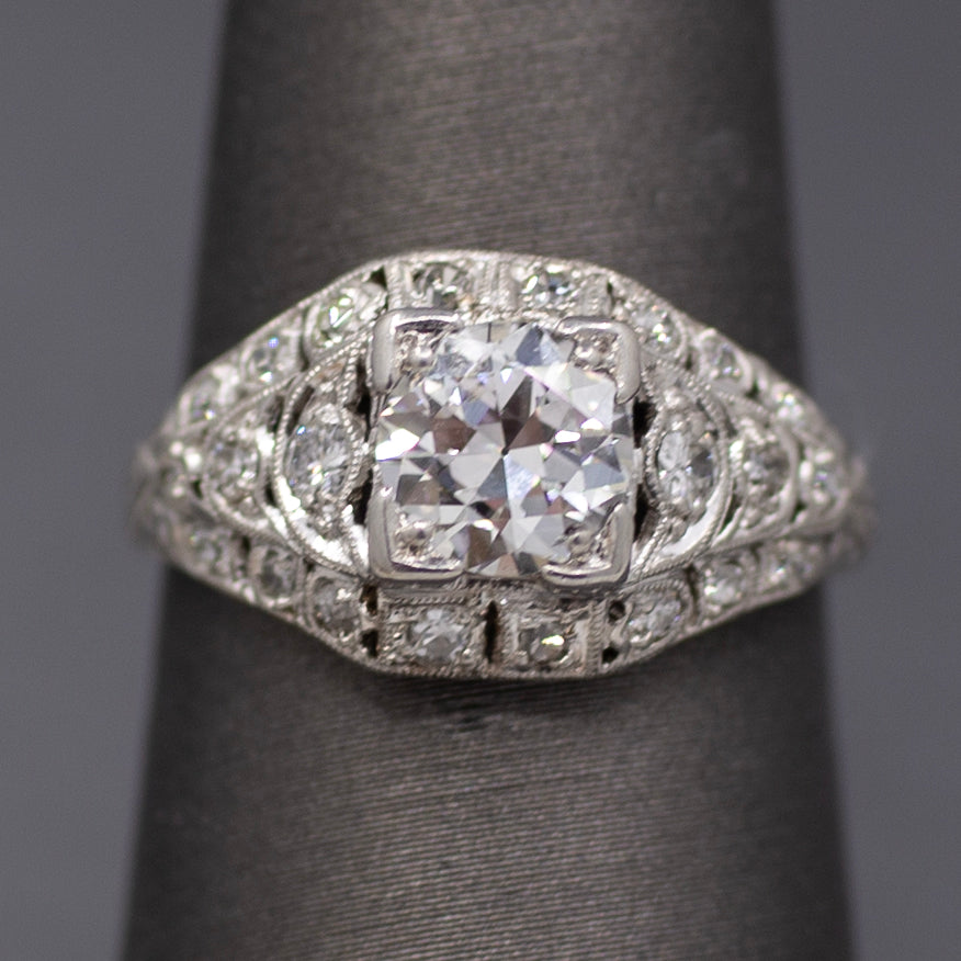 Late Art Deco Old European Cut Diamond Engagement Ring in Platinum