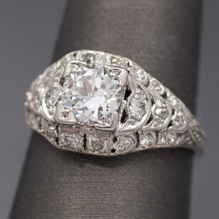 Late Art Deco Old European Cut Diamond Engagement Ring in Platinum