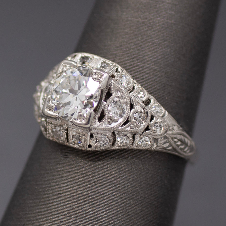 Late Art Deco Old European Cut Diamond Engagement Ring in Platinum
