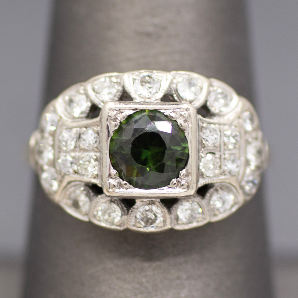 Late Art Deco Deep Green Sapphire and Old European Cut Diamond Ring in 14k White Gold