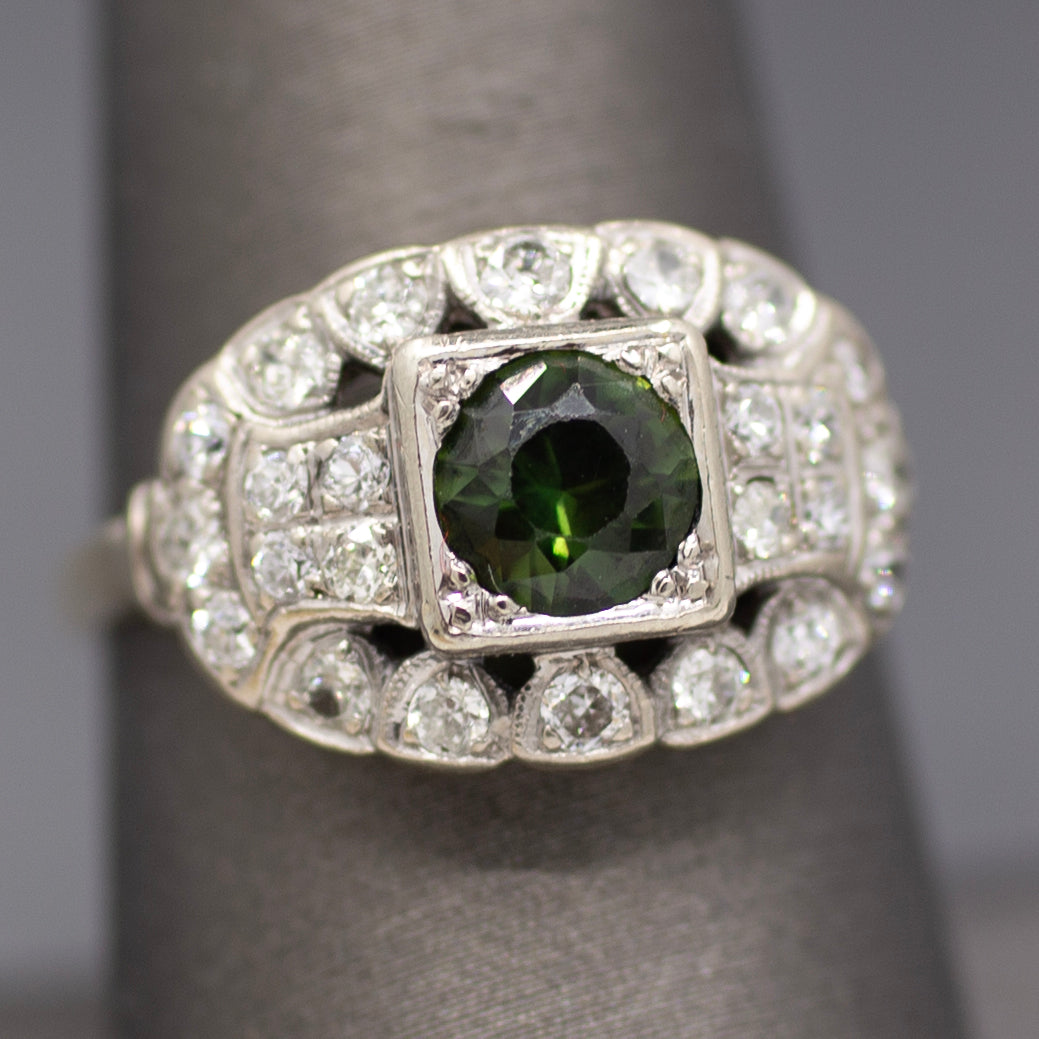 Late Art Deco Deep Green Sapphire and Old European Cut Diamond Ring in 14k White Gold