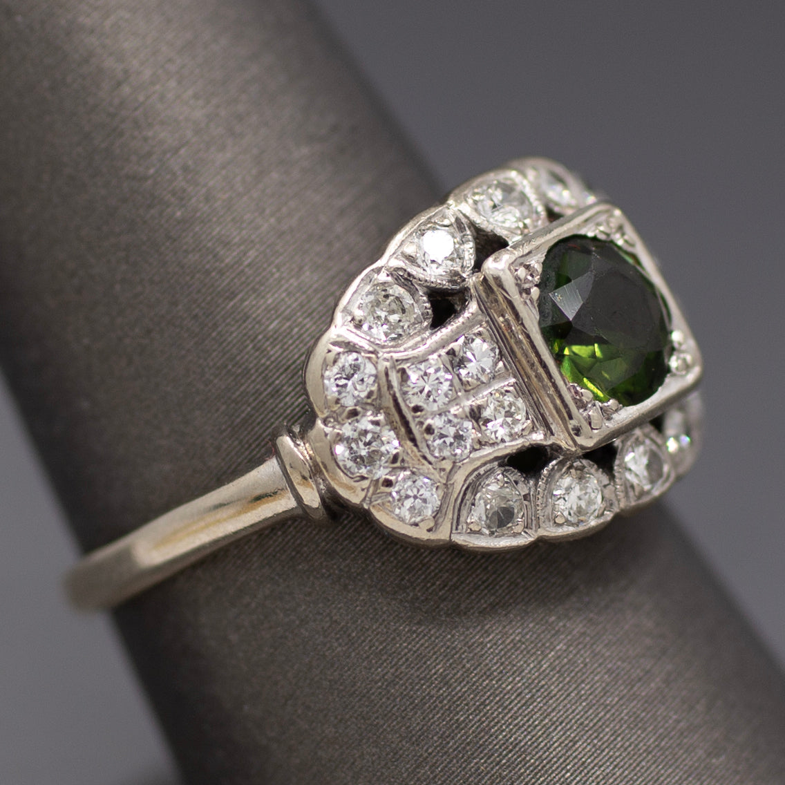 Late Art Deco Deep Green Sapphire and Old European Cut Diamond Ring in 14k White Gold