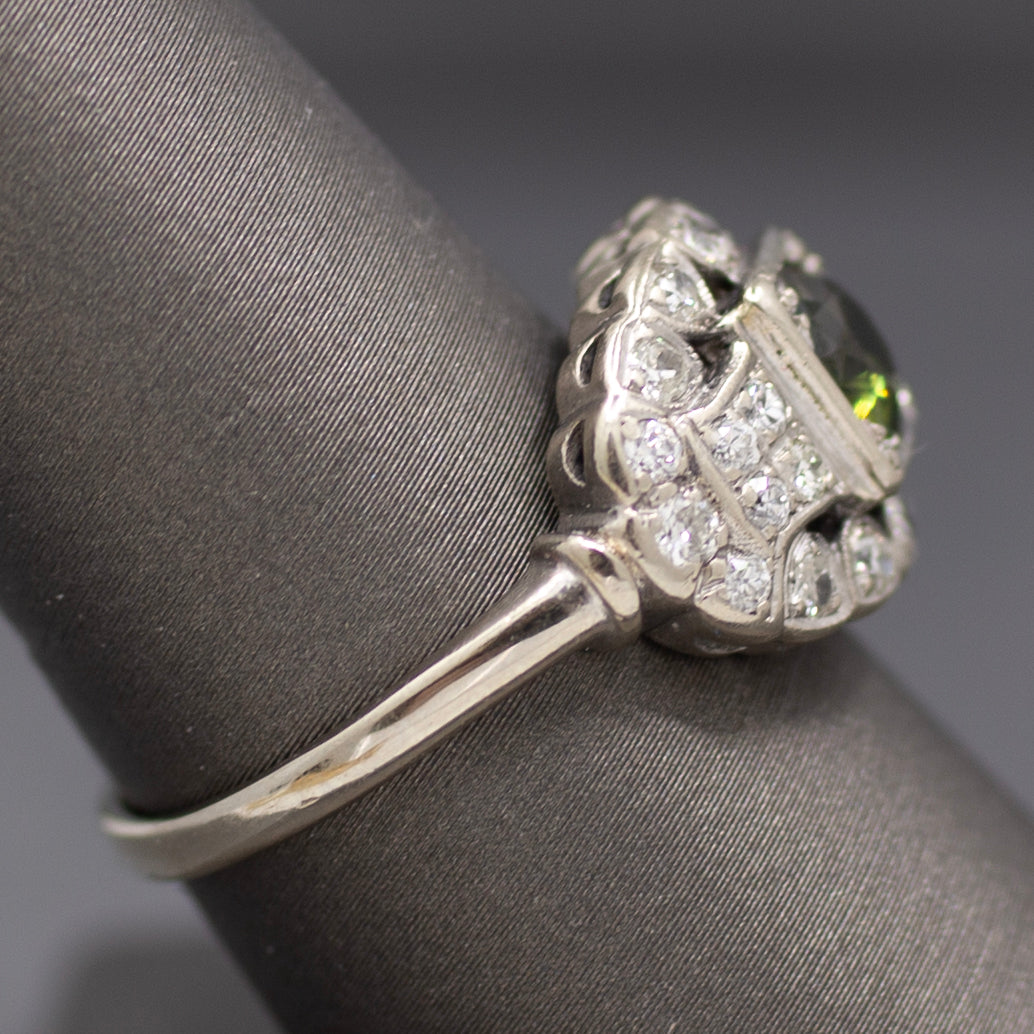 Late Art Deco Deep Green Sapphire and Old European Cut Diamond Ring in 14k White Gold