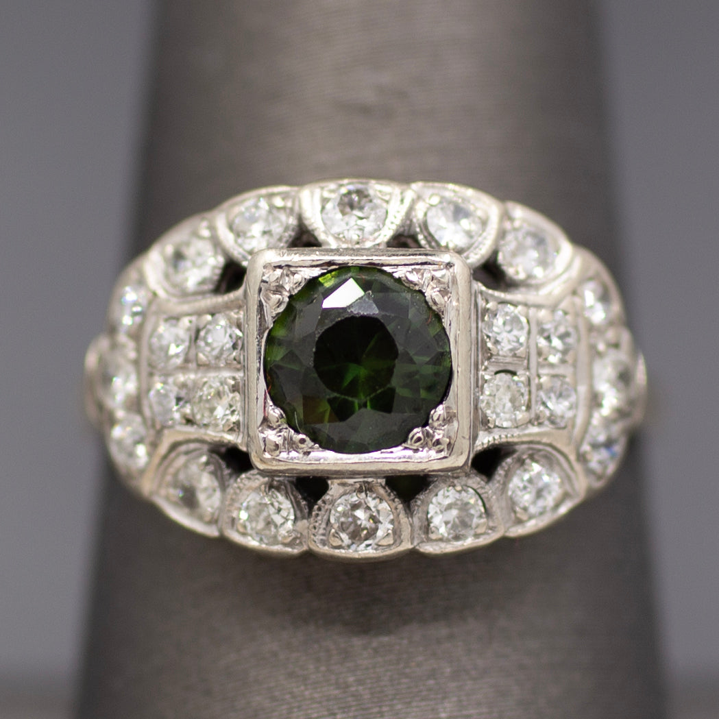 Late Art Deco Deep Green Sapphire and Old European Cut Diamond Ring in 14k White Gold