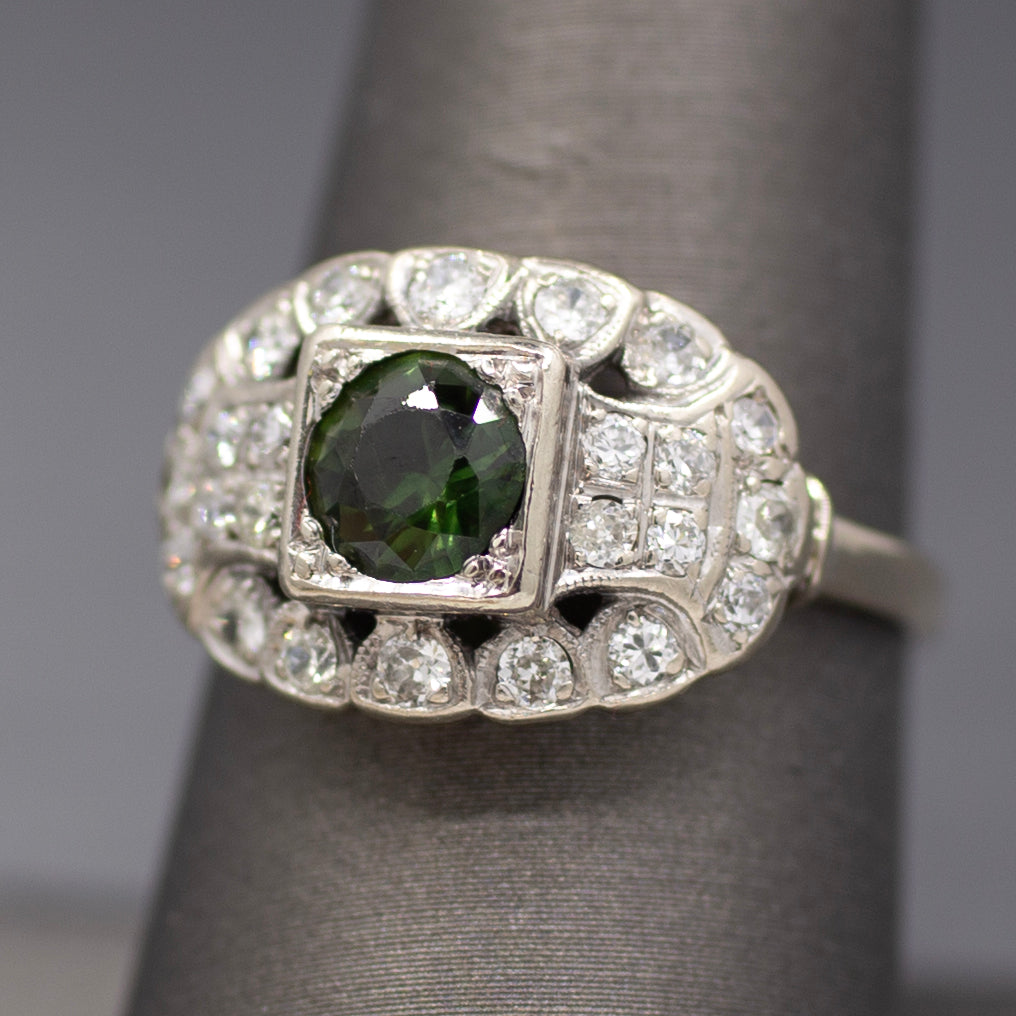 Late Art Deco Deep Green Sapphire and Old European Cut Diamond Ring in 14k White Gold