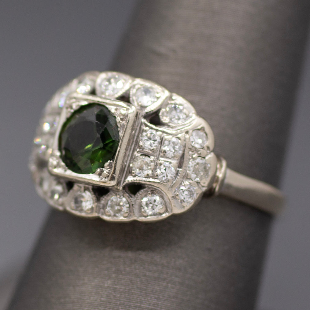 Late Art Deco Deep Green Sapphire and Old European Cut Diamond Ring in 14k White Gold