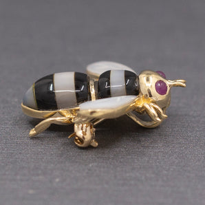 Onyx and Mother of Pearl Black and White Bee Pin Pendant in 14k Yellow Gold