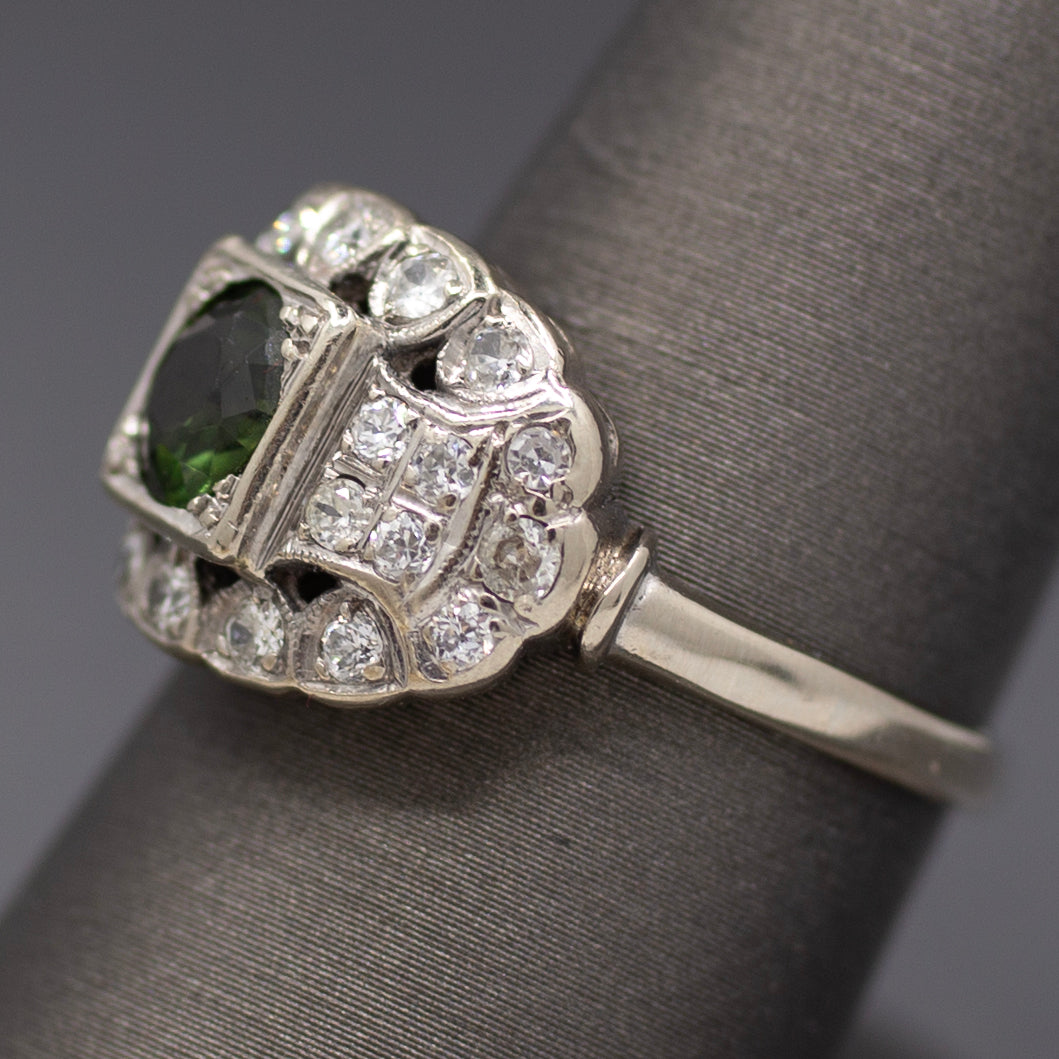 Late Art Deco Deep Green Sapphire and Old European Cut Diamond Ring in 14k White Gold
