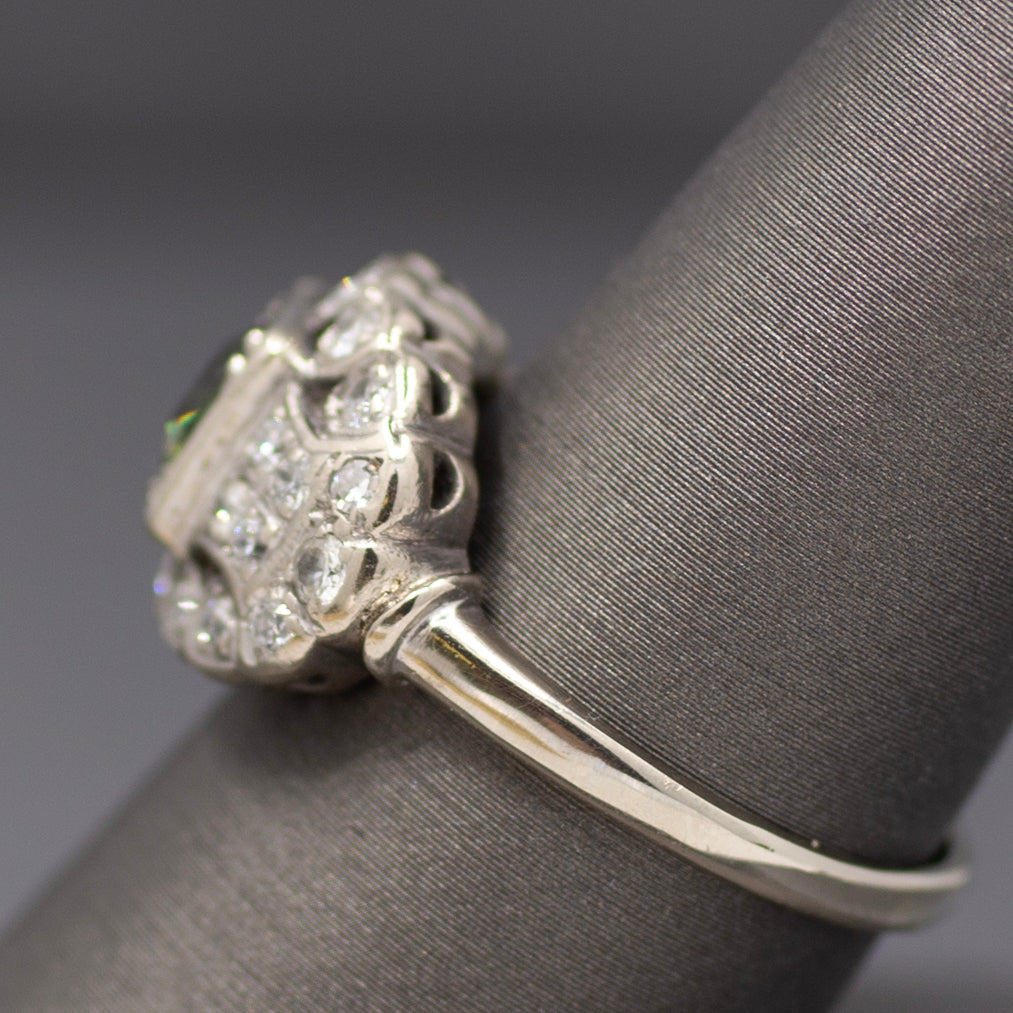 Late Art Deco Deep Green Sapphire and Old European Cut Diamond Ring in 14k White Gold