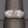 Late Art Deco Old European Cut Diamond Three Stone Band Ring in 14k White Gold