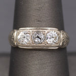 Late Art Deco Old European Cut Diamond Three Stone Band Ring in 14k White Gold