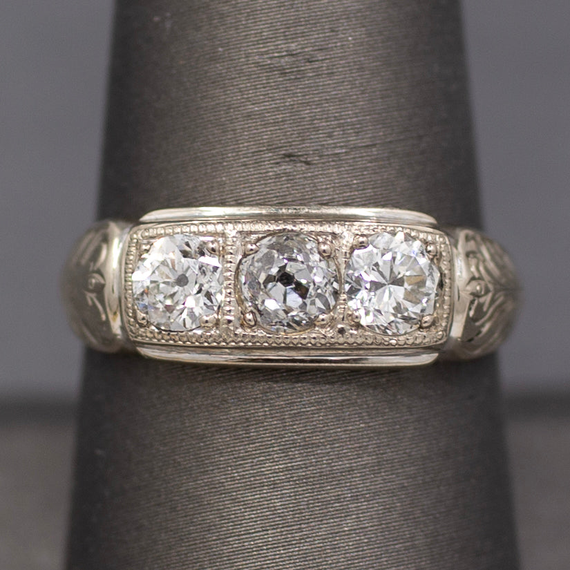 Late Art Deco Old European Cut Diamond Three Stone Band Ring in 14k White Gold