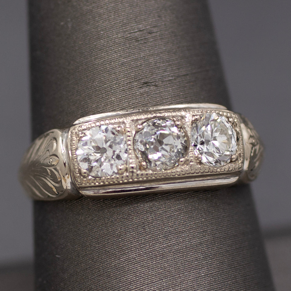 Late Art Deco Old European Cut Diamond Three Stone Band Ring in 14k White Gold