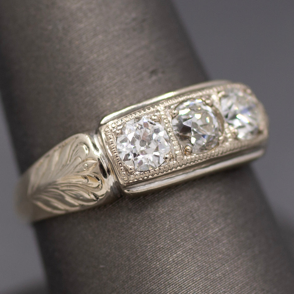 Late Art Deco Old European Cut Diamond Three Stone Band Ring in 14k White Gold