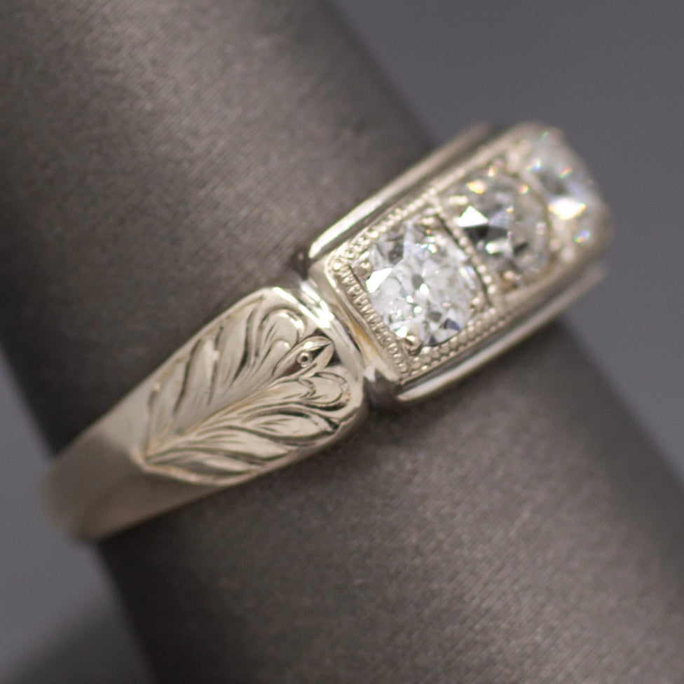 Late Art Deco Old European Cut Diamond Three Stone Band Ring in 14k White Gold