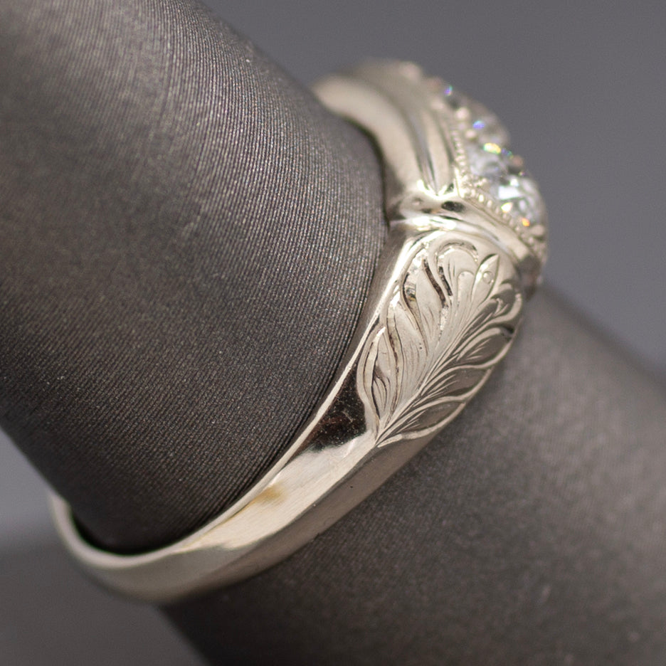 Late Art Deco Old European Cut Diamond Three Stone Band Ring in 14k White Gold