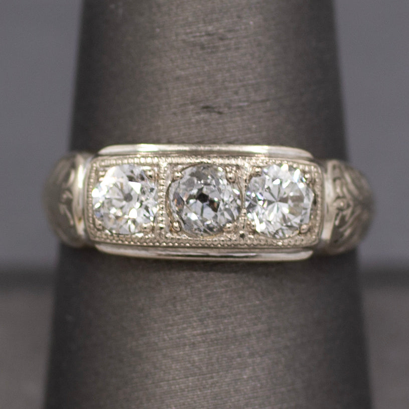 Late Art Deco Old European Cut Diamond Three Stone Band Ring in 14k White Gold