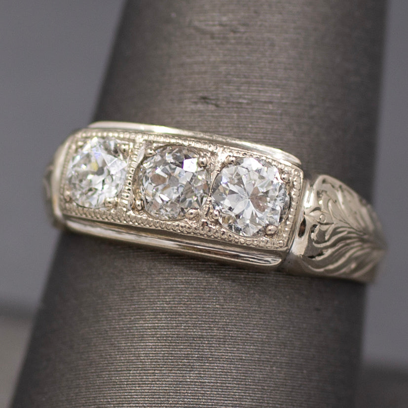 Late Art Deco Old European Cut Diamond Three Stone Band Ring in 14k White Gold