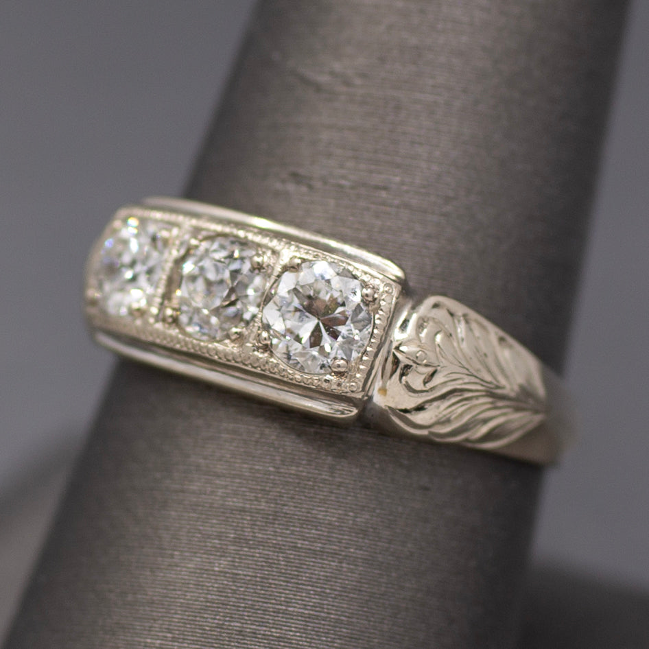 Late Art Deco Old European Cut Diamond Three Stone Band Ring in 14k White Gold