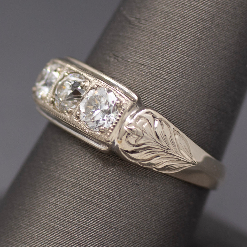 Late Art Deco Old European Cut Diamond Three Stone Band Ring in 14k White Gold