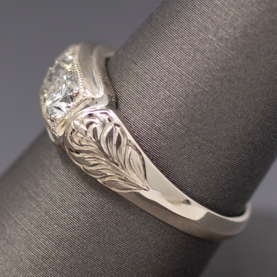 Late Art Deco Old European Cut Diamond Three Stone Band Ring in 14k White Gold