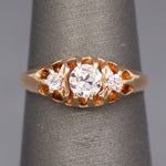 Brilliant Victorian Old European Cut Diamond Three Stone Belcher Set Ring in 14k Rosy Gold