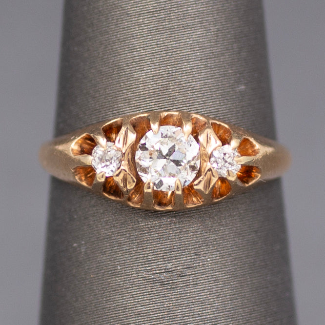 Brilliant Victorian Old European Cut Diamond Three Stone Belcher Set Ring in 14k Rosy Gold