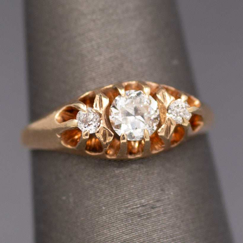 Brilliant Victorian Old European Cut Diamond Three Stone Belcher Set Ring in 14k Rosy Gold