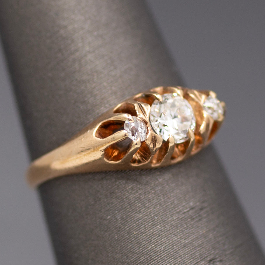 Brilliant Victorian Old European Cut Diamond Three Stone Belcher Set Ring in 14k Rosy Gold