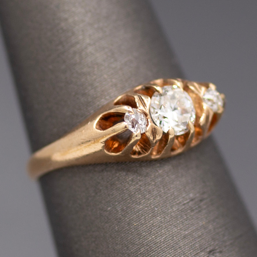 Brilliant Victorian Old European Cut Diamond Three Stone Belcher Set Ring in 14k Rosy Gold