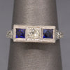 Art Deco Three Stone Old Mine Cut Diamond and Sapphire Ring in 18k White Gold